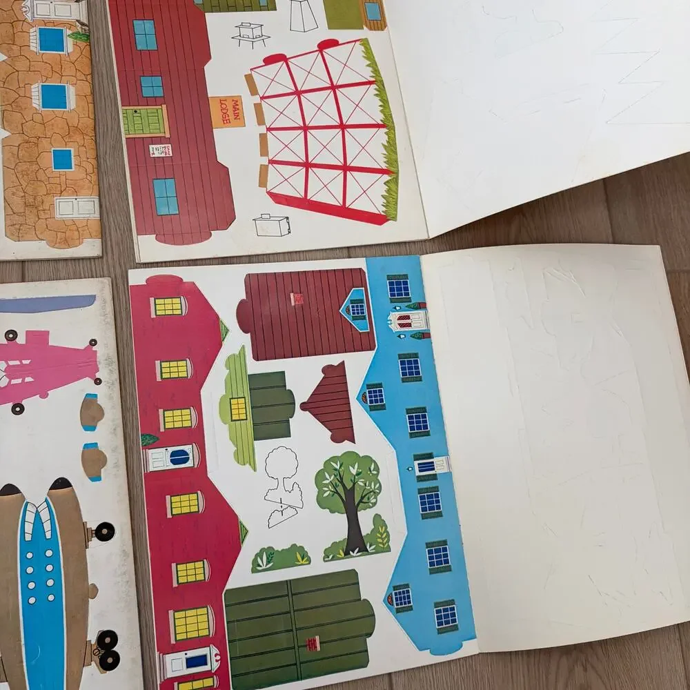 Whitman Tiny Press-Out LOT 4 Books, Vintage 1976 Campsite, Town, Airport, City